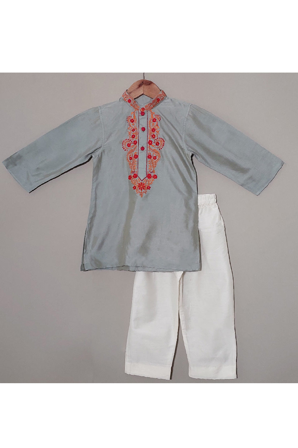 Grey With Red And Orange Embroidered Cotton Silk Kurta With Pyjama Set