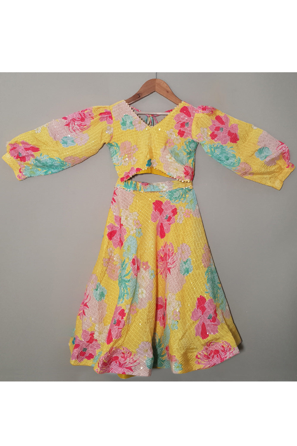 Yellow Floral Printed And Sequins Detailing Chinon Top With Lehenga Set