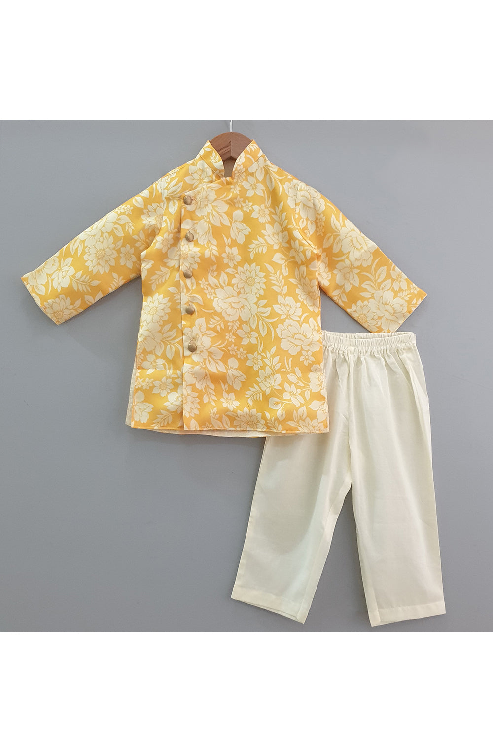 Yellow floral printed side opening kurta with pyjama