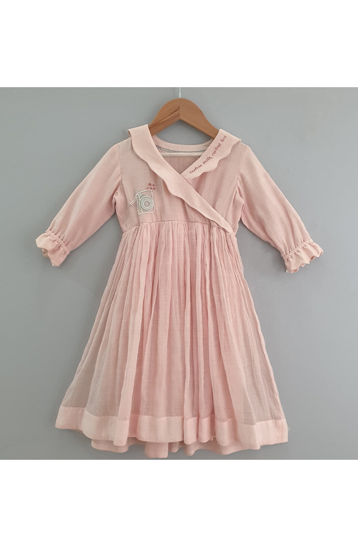 Baby pink overlapped collar and gathered dress