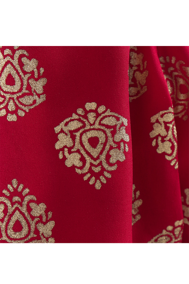 Golden brocade off shoulder top and printed dhoti