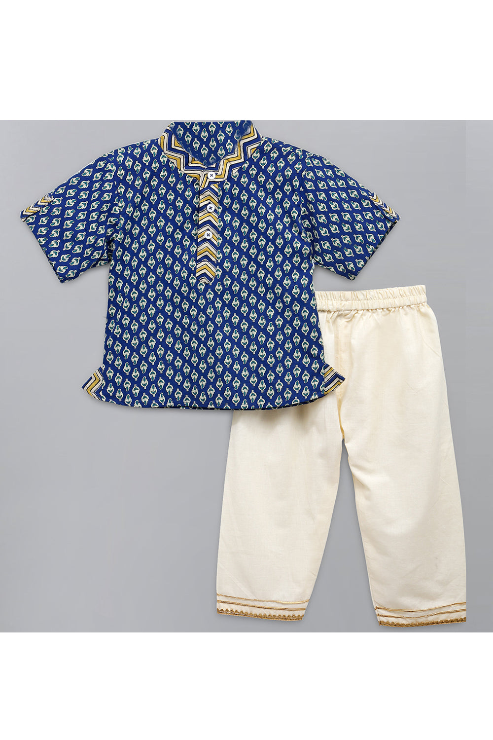 Blue Floral Printed Kurta With Off White Pyjama Set
