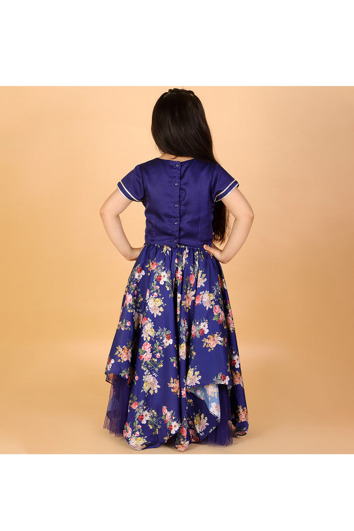Dark Blue Embroidered Top With Floral Printed Lehenga Set