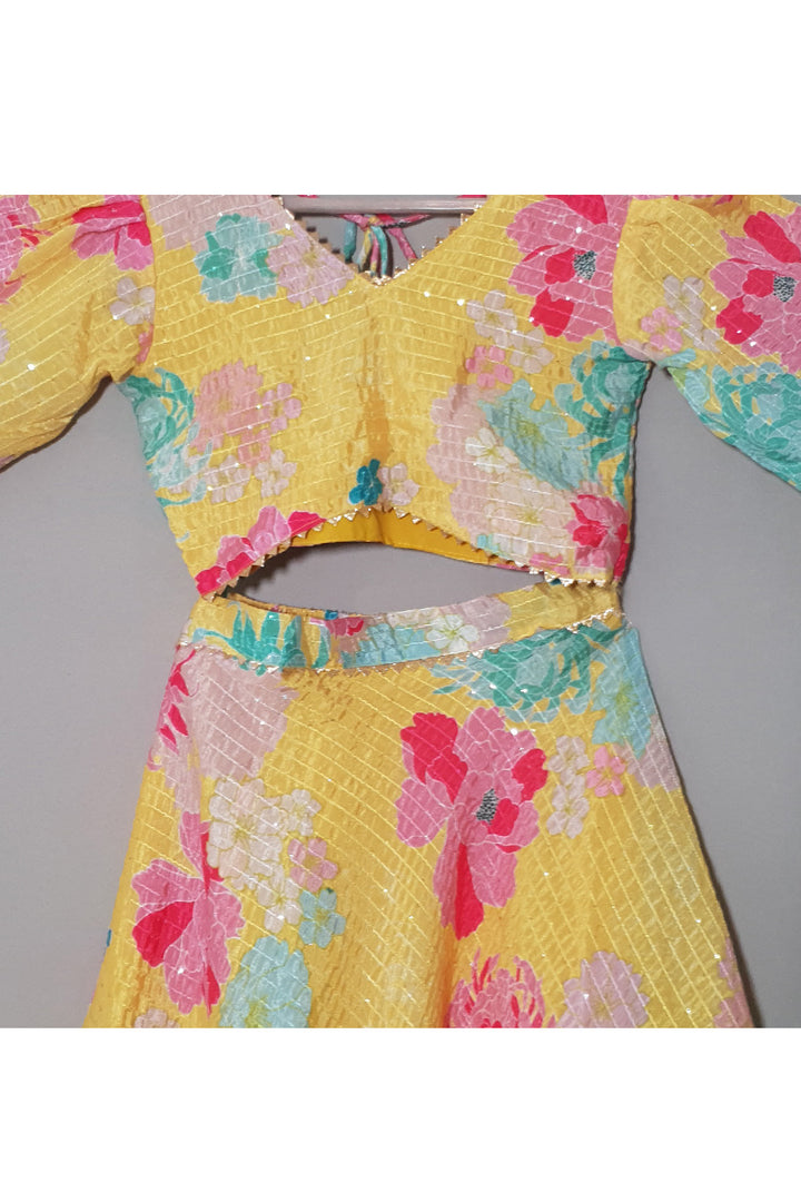 Yellow Floral Printed And Sequins Detailing Chinon Top With Lehenga Set