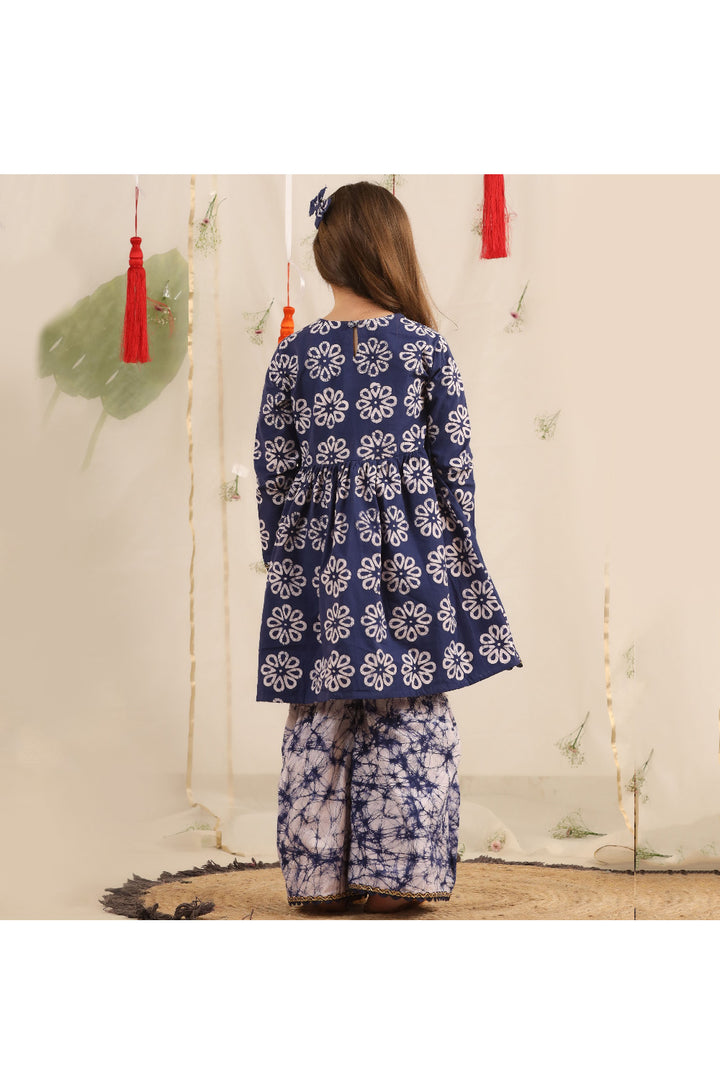 Blue And White Flower Printed Cotton Peplum Style Kurta With Palazzo Set