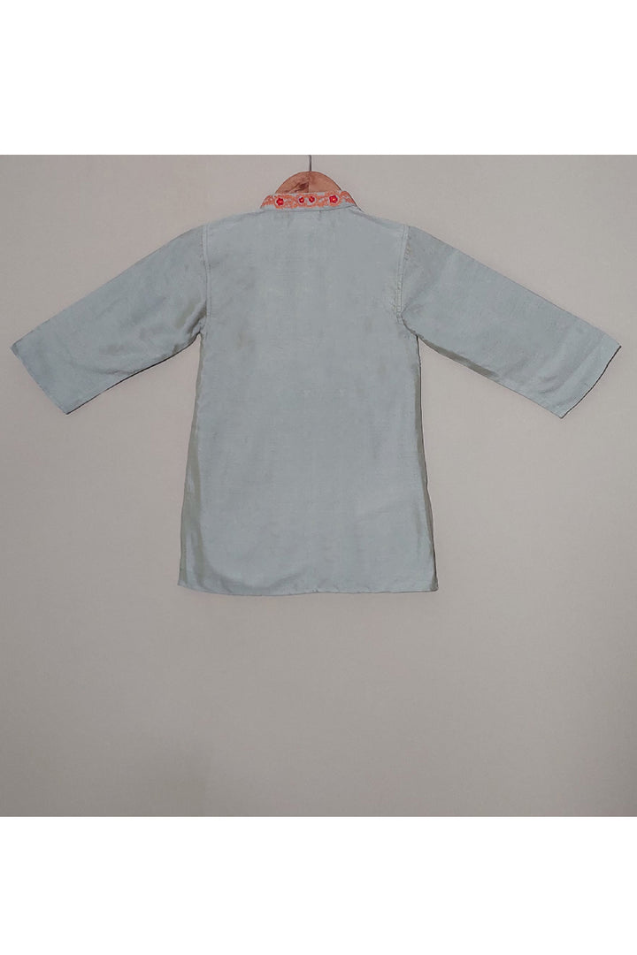 Grey With Red And Orange Embroidered Cotton Silk Kurta With Pyjama Set