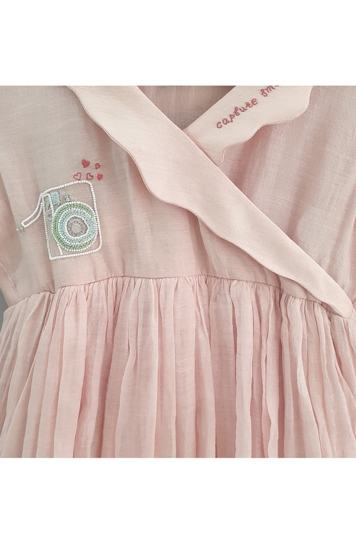 Baby pink overlapped collar and gathered dress