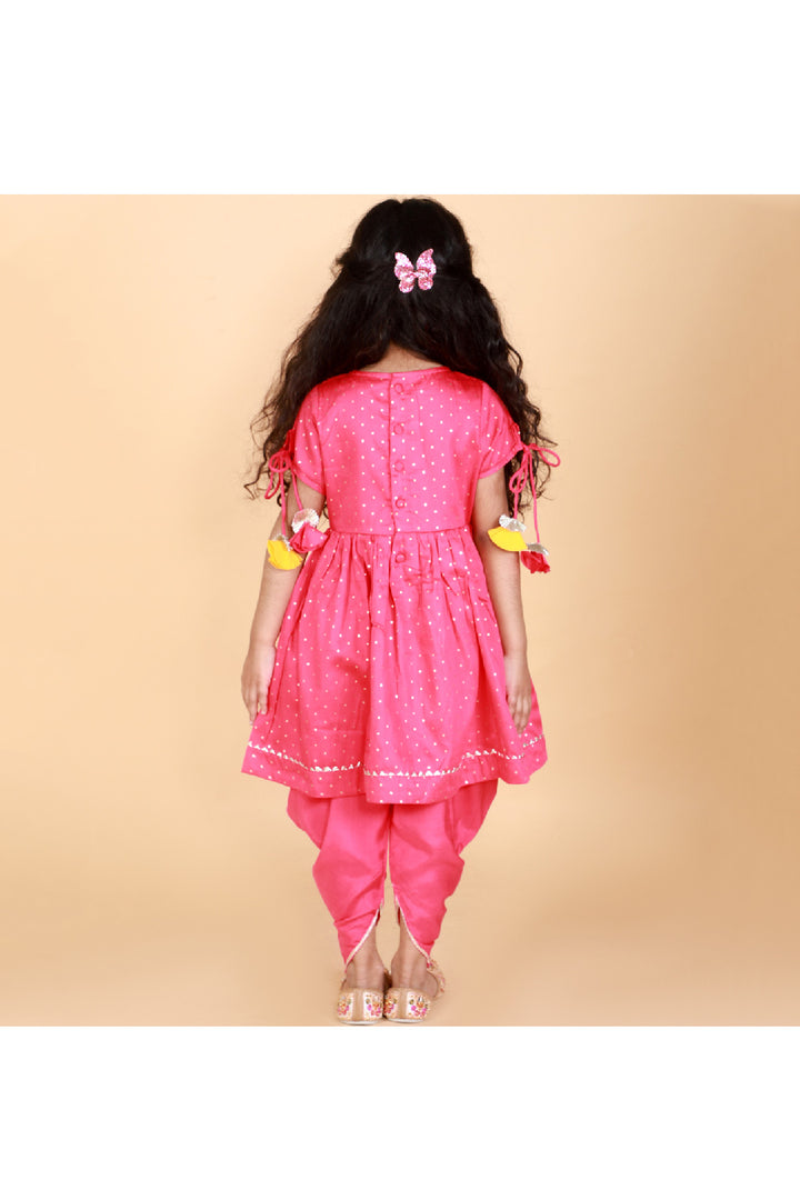 Pink Polka Dot Printed With Lace Detailing Peplum Style Kurta With Dhoti Set