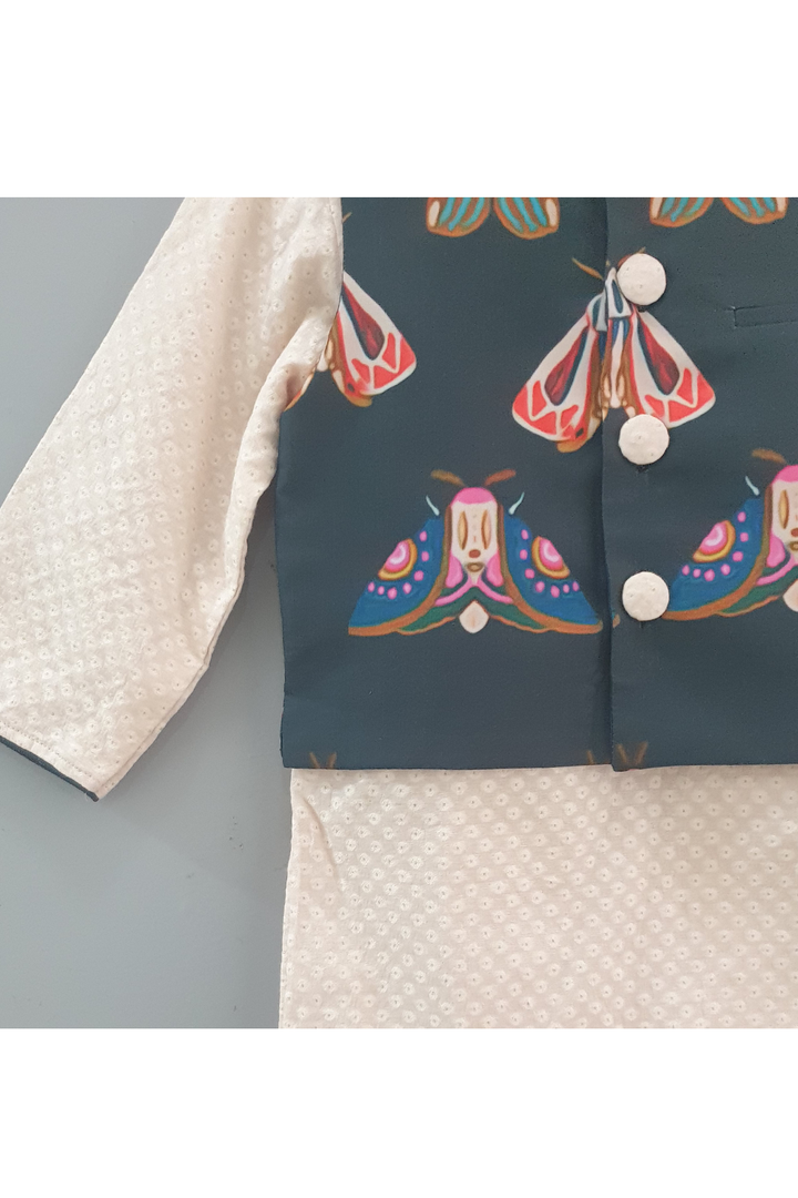 Dragonfly printed jacket with beige kurta and white pyjama
