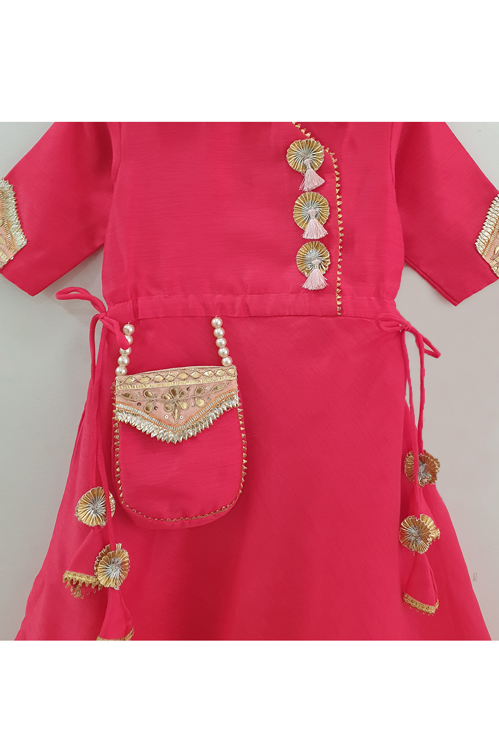 Red tassel lace work anarkali with attached pocket