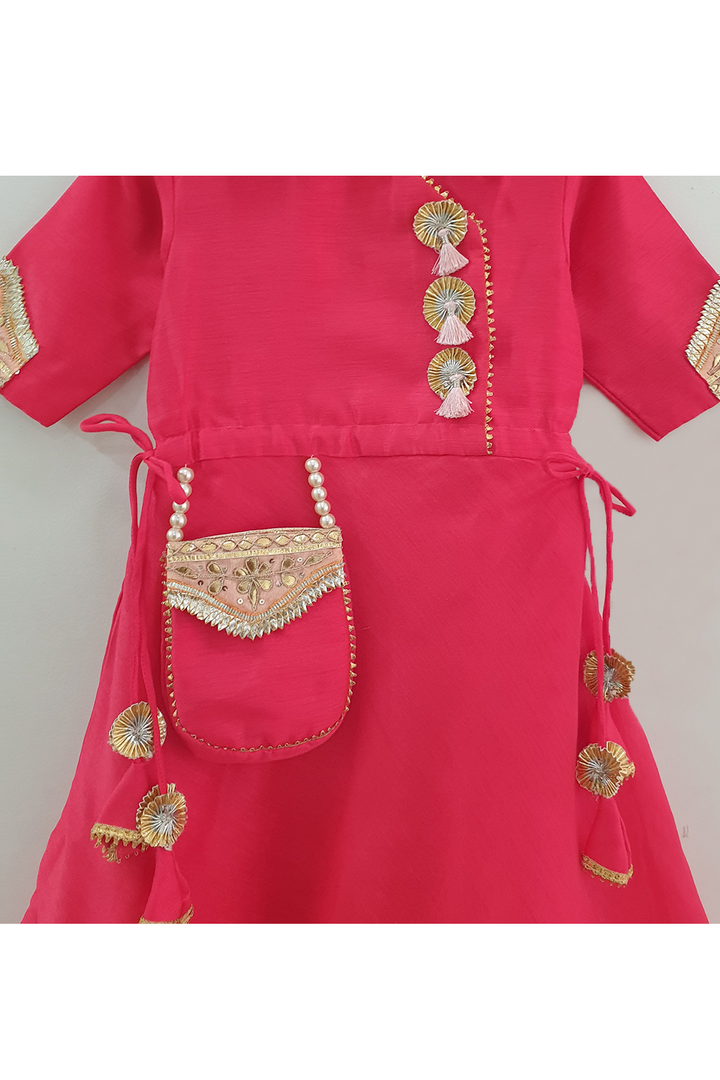 Red tassel lace work anarkali with attached pocket