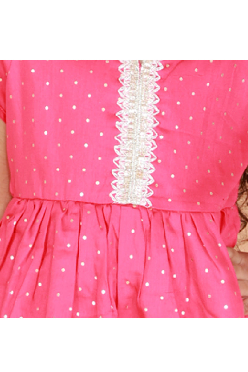 Pink Polka Dot Printed With Lace Detailing Peplum Style Kurta With Dhoti Set