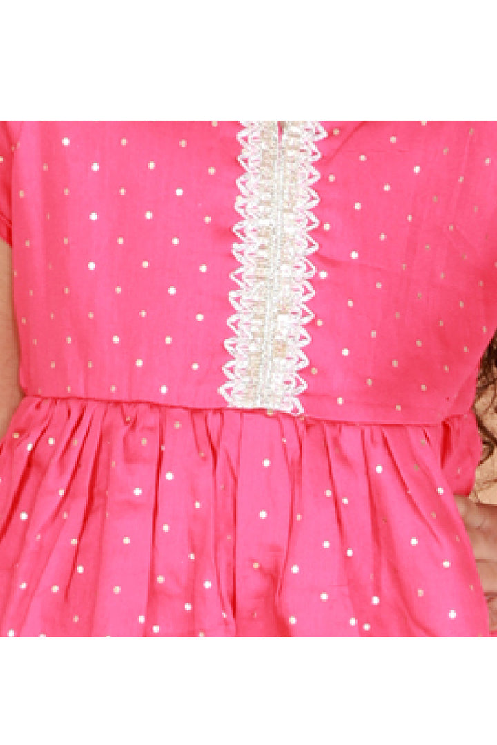 Pink Polka Dot Printed With Lace Detailing Peplum Style Kurta With Dhoti Set