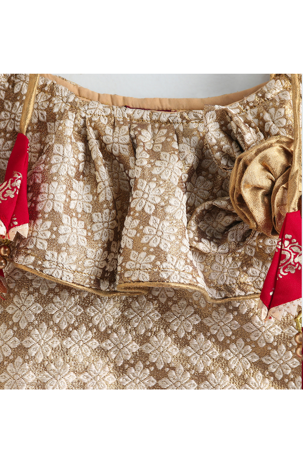 Golden brocade off shoulder top and printed dhoti
