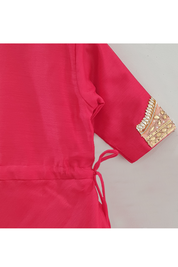 Red tassel lace work anarkali with attached pocket