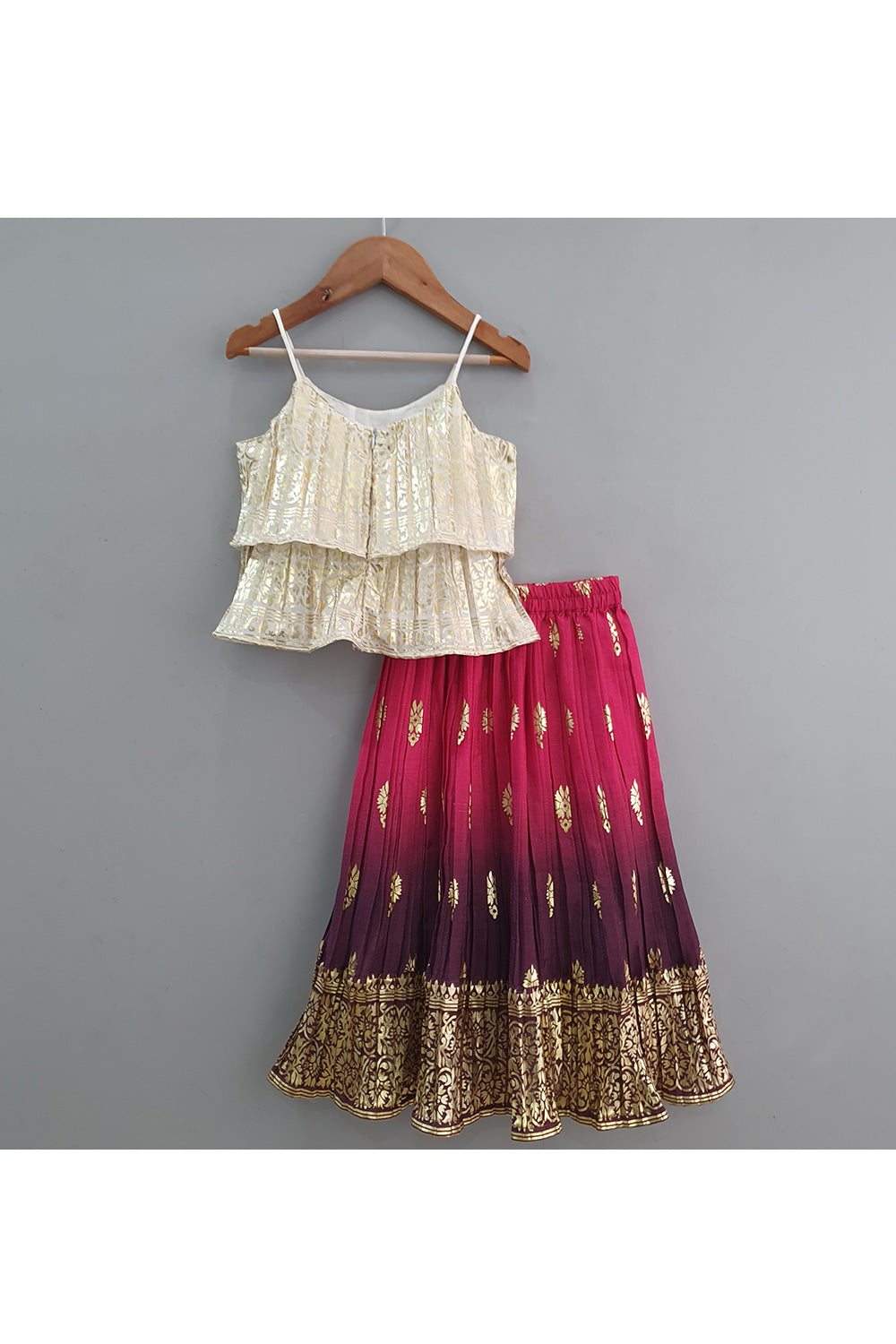 Off White Peplum Style Top With Lehenga Set