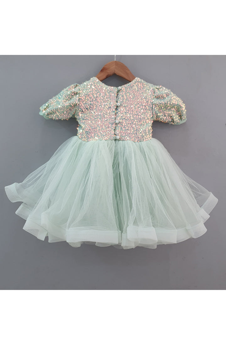 Mint Green Rainbow Sequins Embroidered Net Dress