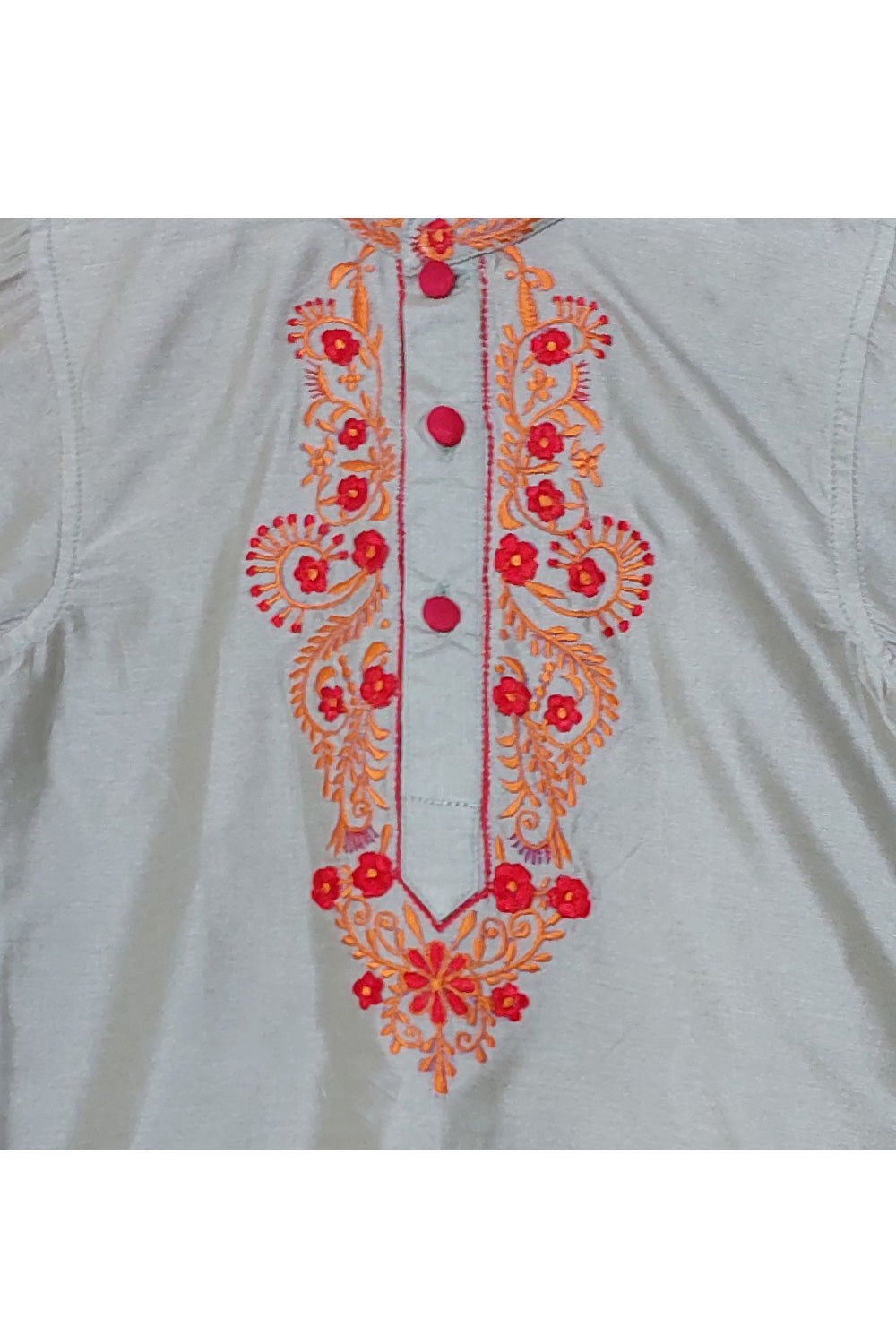 Grey With Red And Orange Embroidered Cotton Silk Kurta With Pyjama Set