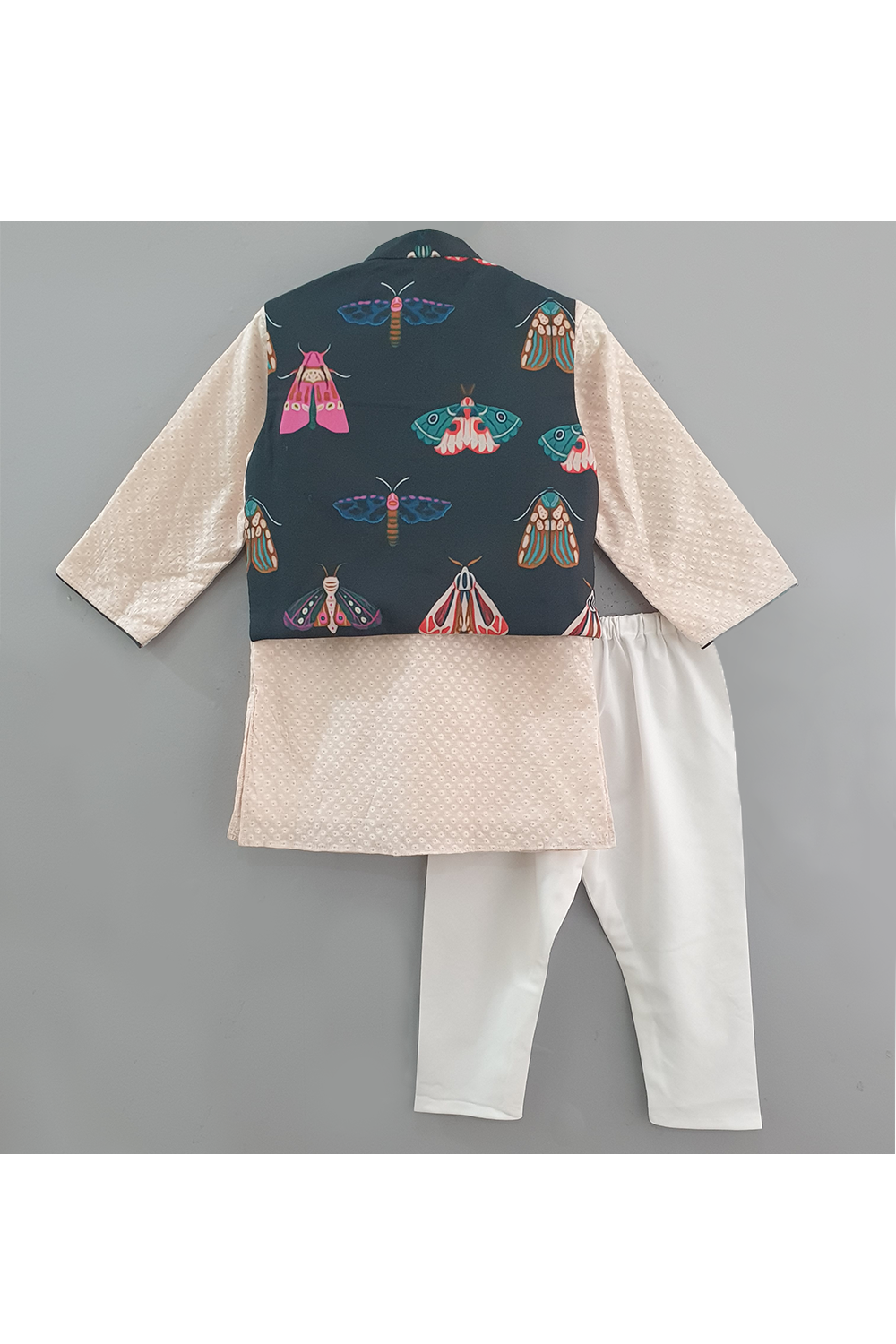 Dragonfly printed jacket with beige kurta and white pyjama