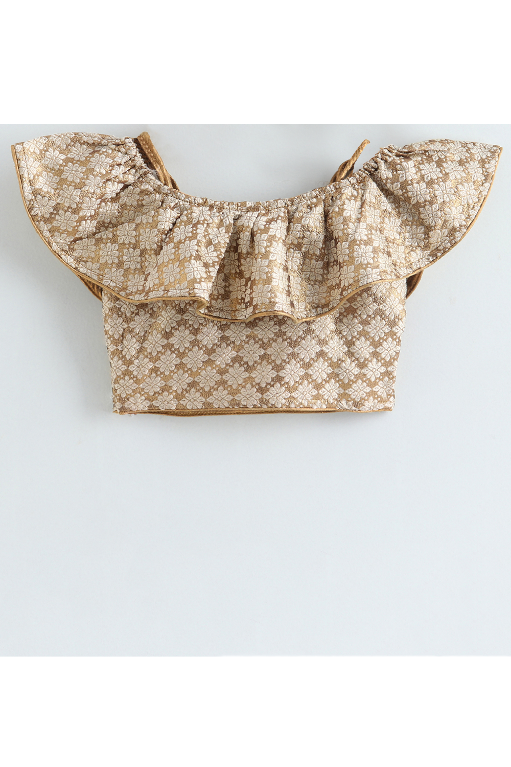 Golden brocade off shoulder top and printed dhoti