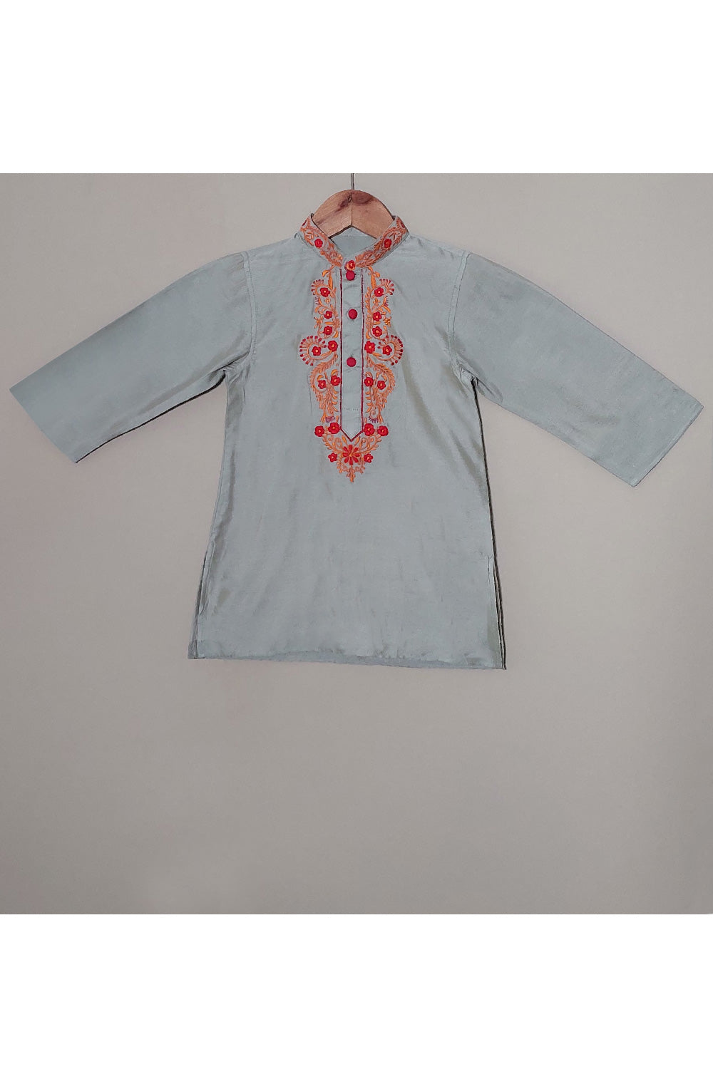 Grey With Red And Orange Embroidered Cotton Silk Kurta With Pyjama Set