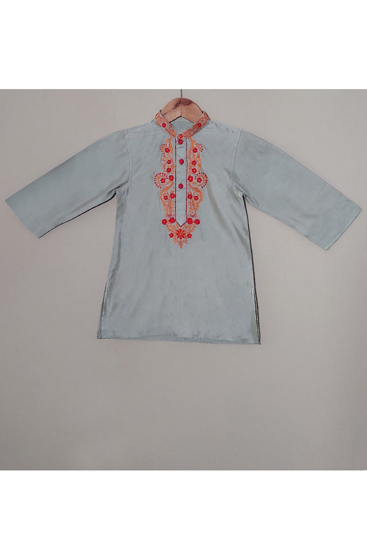 Grey With Red And Orange Embroidered Cotton Silk Kurta With Pyjama Set