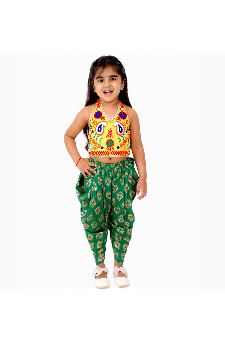 Yellow embroidered halter top with printed dhoti