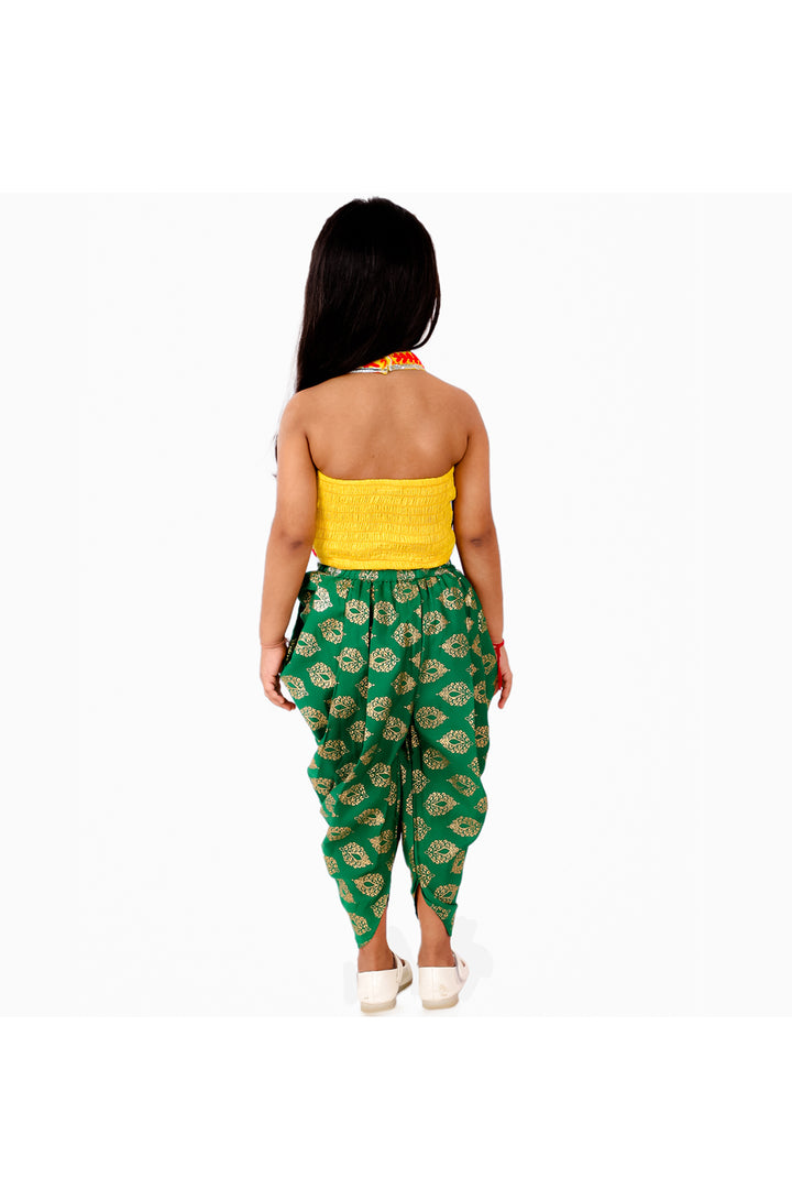 Yellow embroidered halter top with printed dhoti