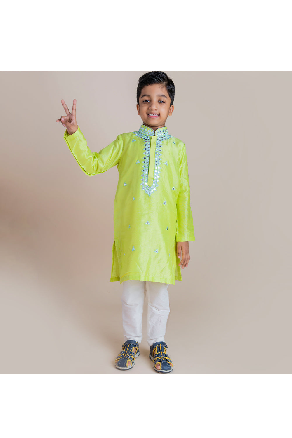 Mirror work kurta with white churidar