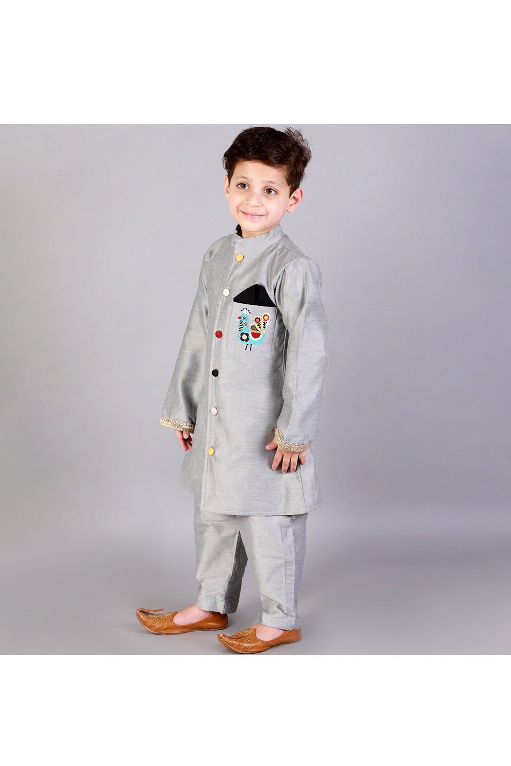 Grey Peacock Embroidered Bandhgala With Pant Set