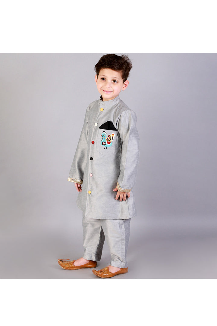 Grey Peacock Embroidered Bandhgala With Pant Set