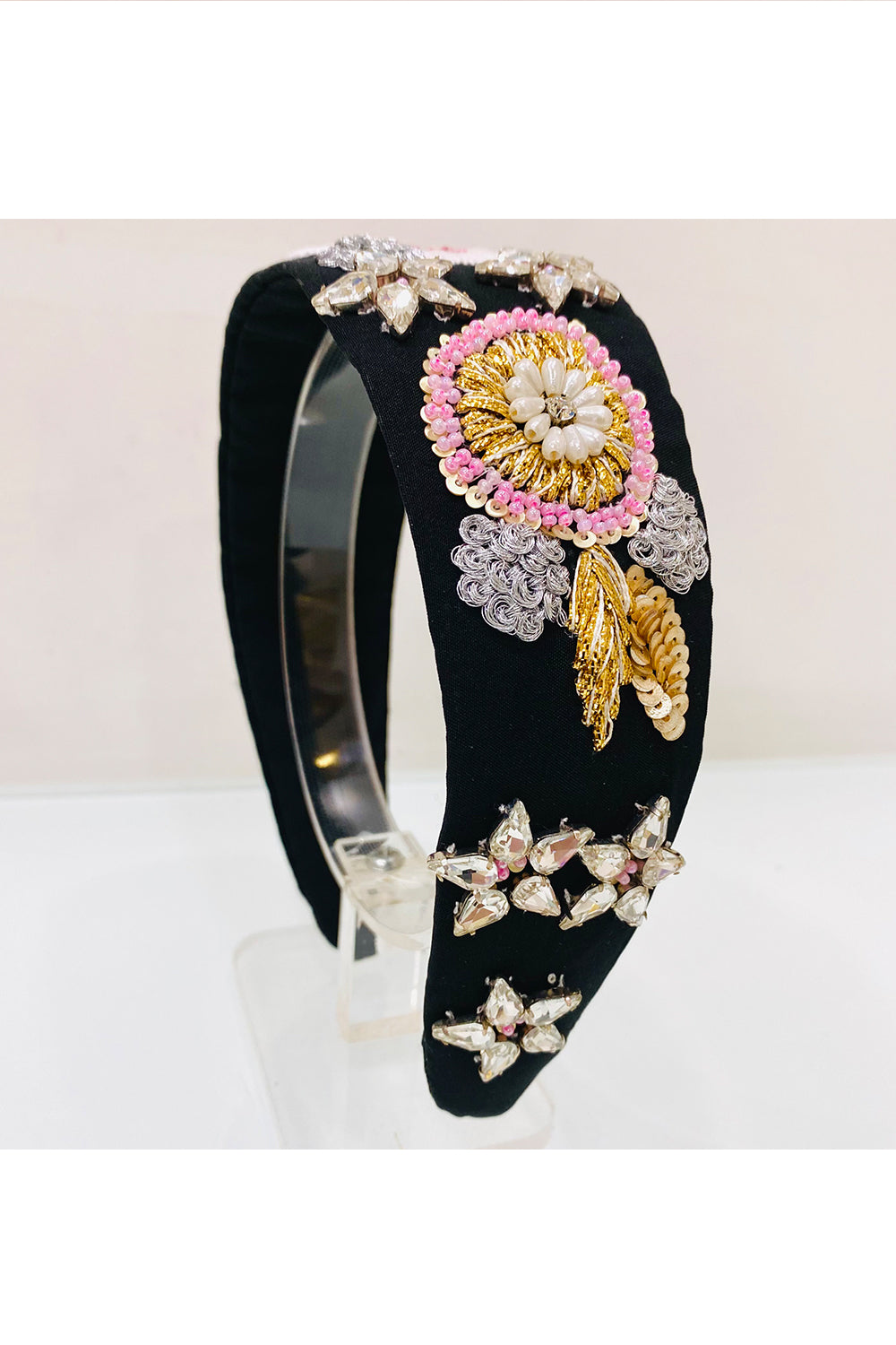 Black Sequins Embroidered Pure Crepe Hairband