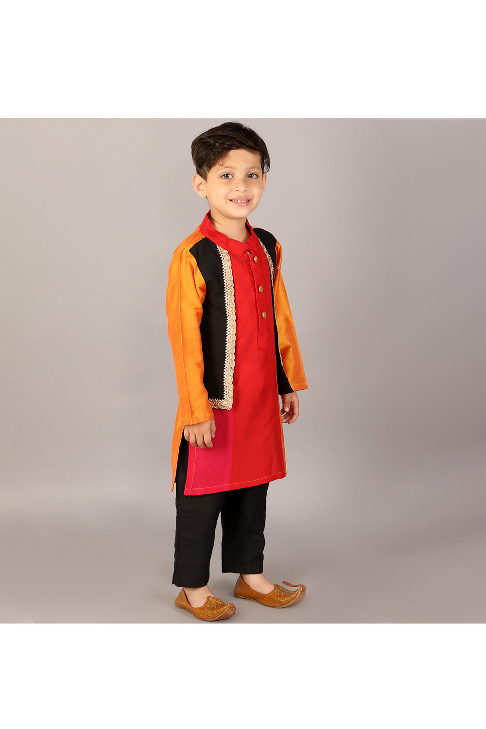 Multicolor Cotton Silk Kurta With Black Lace Embellished Attached Jacket Set