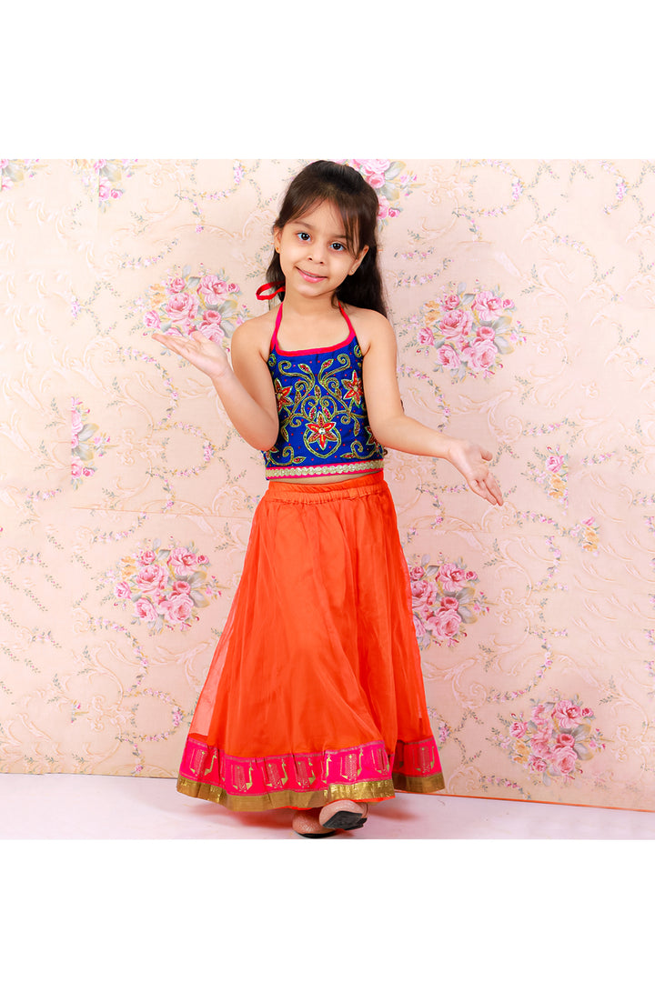 Blue hand embroidered tie up top with skirt