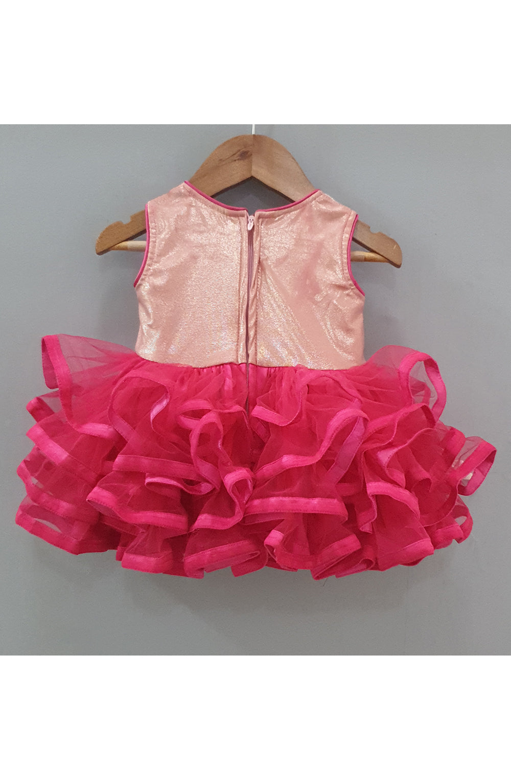 Peach and magenta butterfly embroidered layered frock