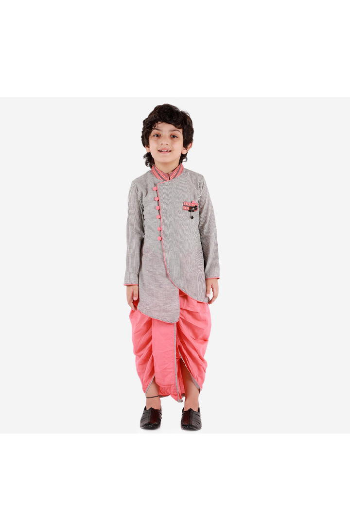 Grey Strip Print Asymmetric Kurta With Peach Dhoti Set