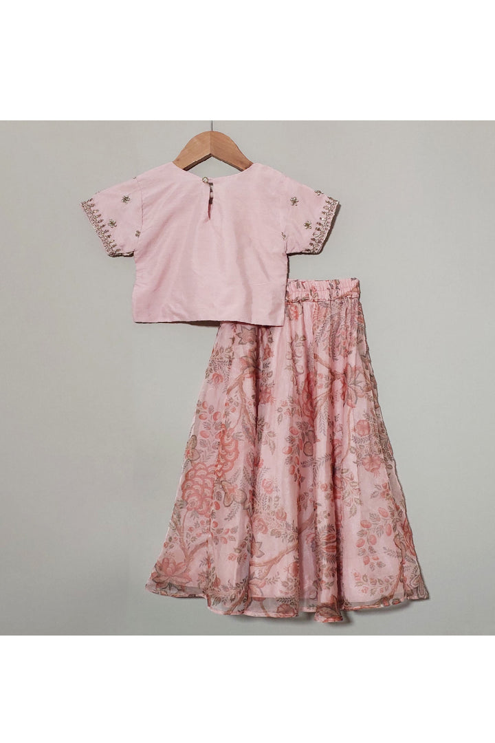 Pink Hand Embroidered Top With Floral Printed Lehenga Set