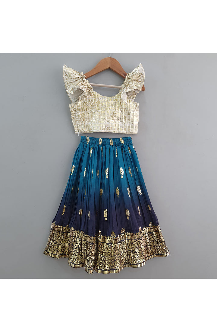 Off White Ruffle Sleeves Top With Blue Printed Lehenga