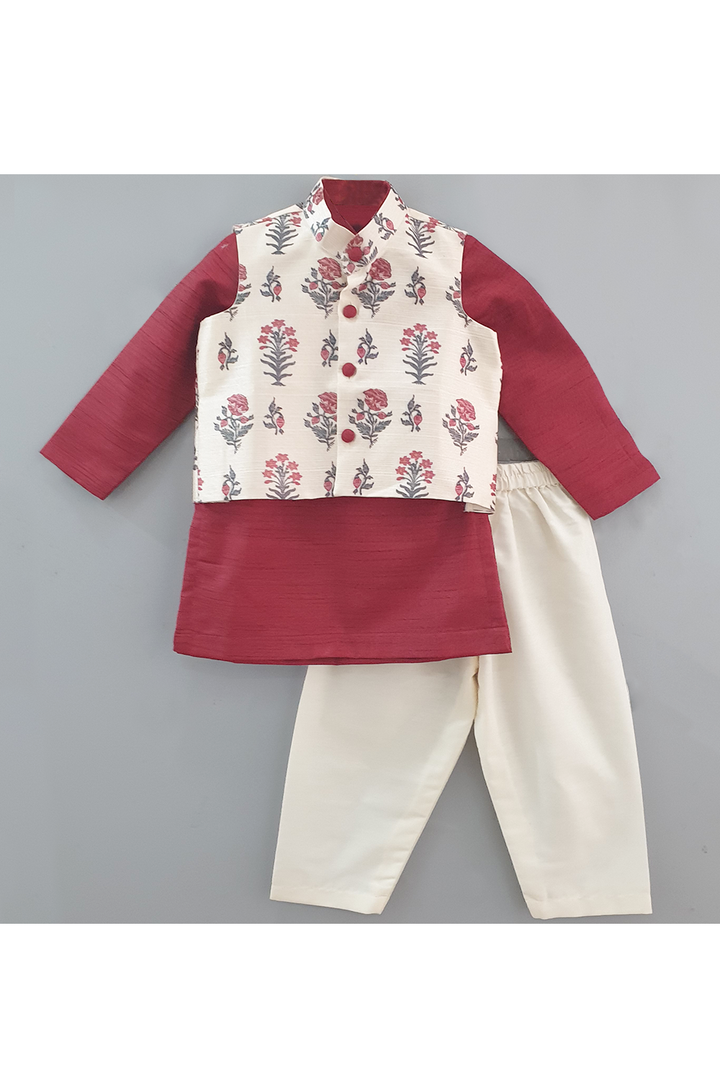 Mughal printed ivory jacket with maroon kurta and ivory pyjama