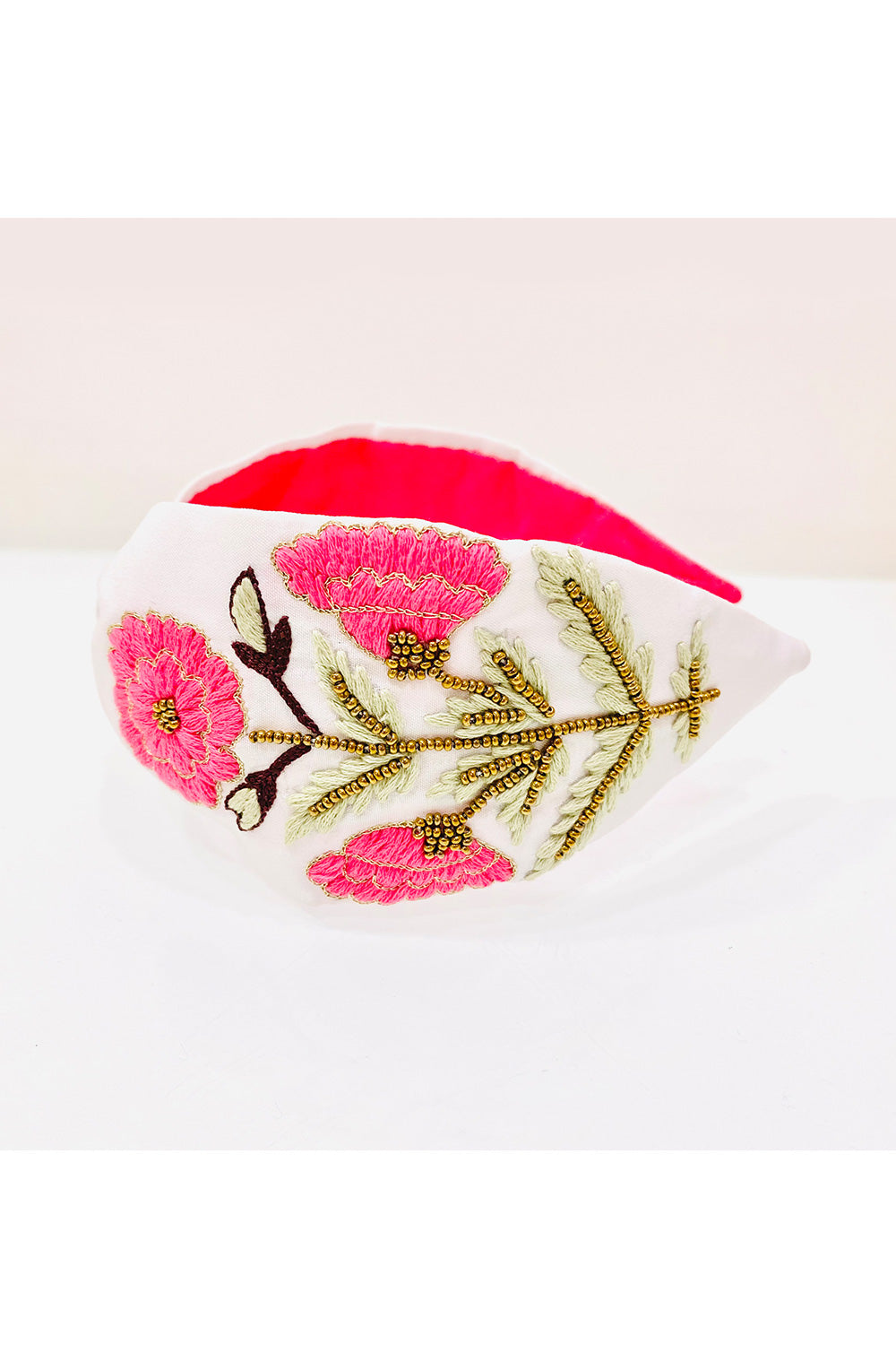 White And Pink Flower Embroidered Hairband
