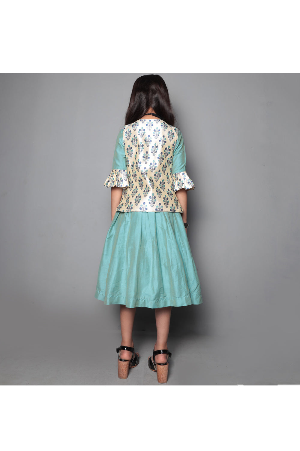 Pastel green dress with grey floral printed jacket