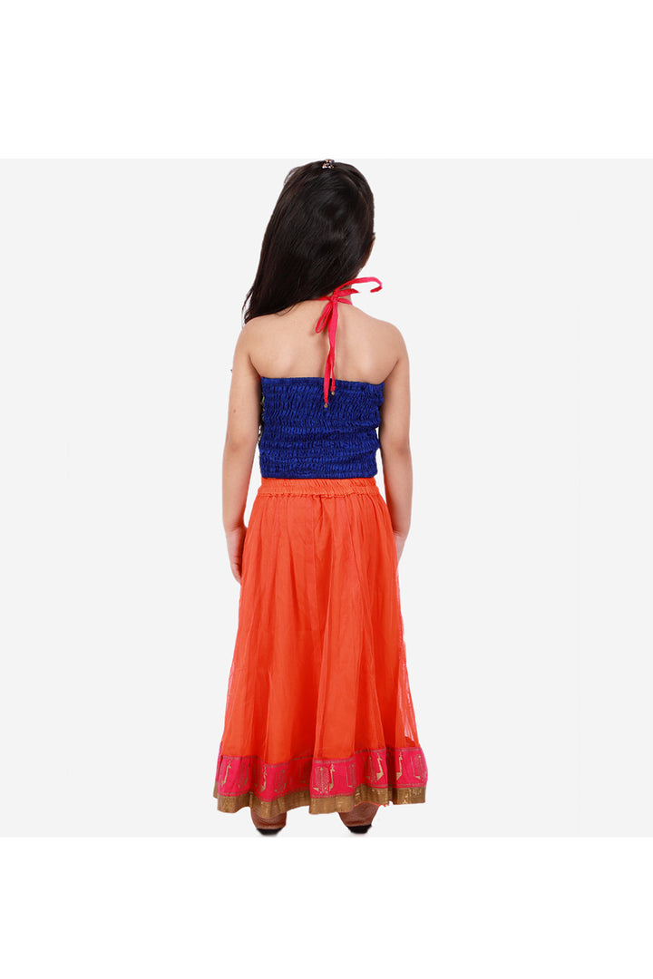 Blue hand embroidered tie up top with skirt