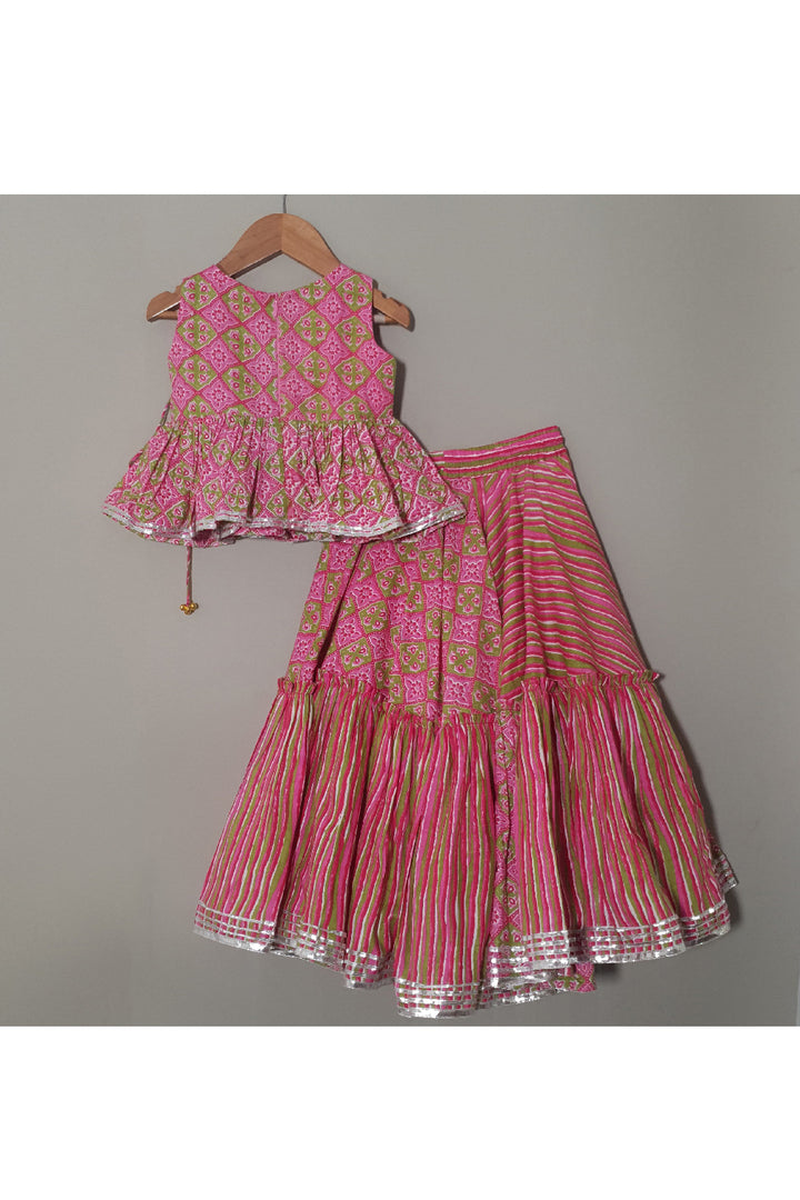 Pink Printed And Lace Detailing Peplum Style Top With Lehenga Set