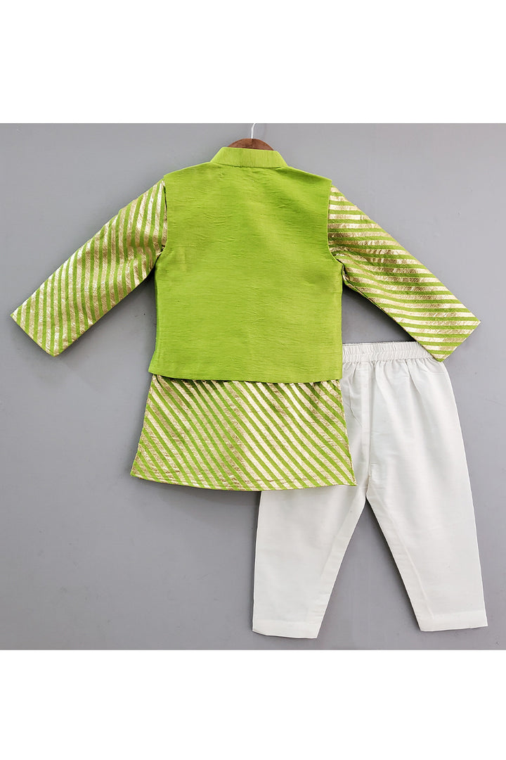 Green Zari Embroidered Kurta With Jacket And White Pyjama Set