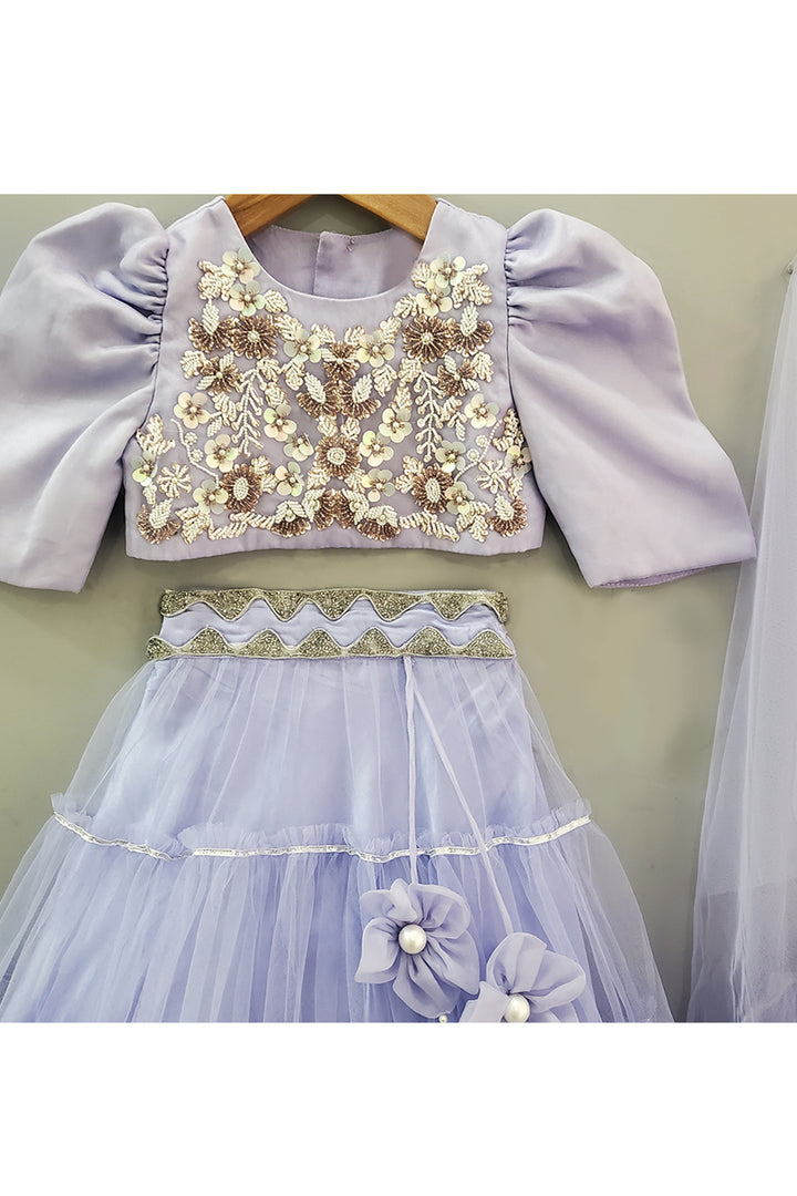 Lavender Embroidered Top With Lehenga And Dupatta Set
