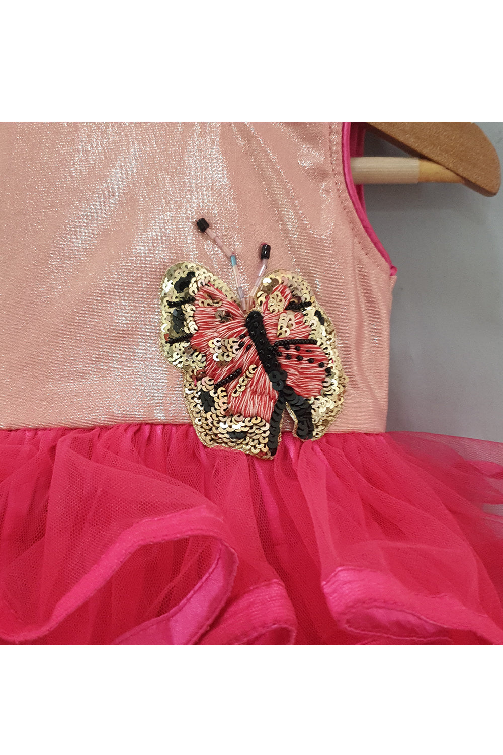 Peach and magenta butterfly embroidered layered frock