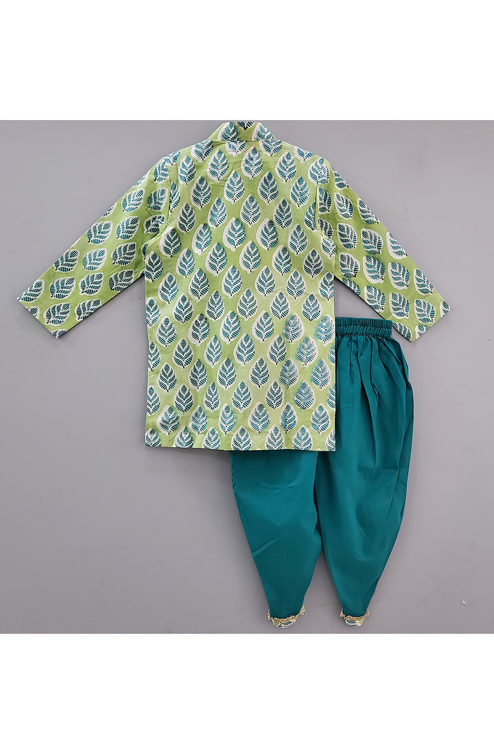 Parrot Green Cotton Printed Kurta With Dhoti Set