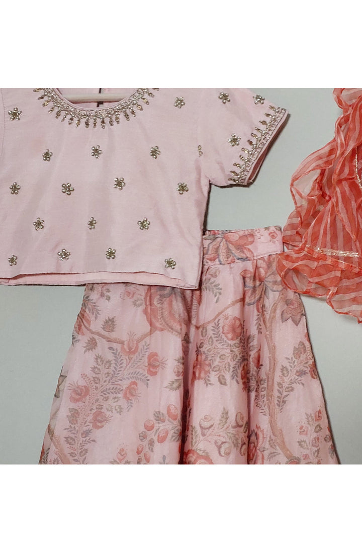 Pink Hand Embroidered Top With Floral Printed Lehenga Set