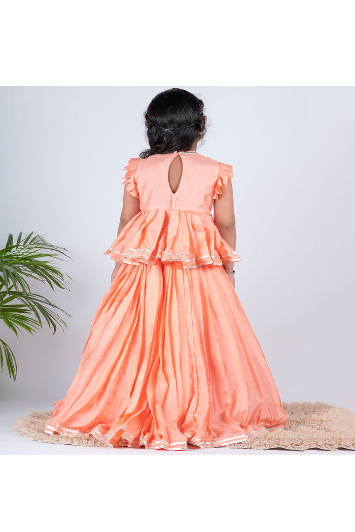 Peach bird and paradise hand embroidered top with lehenga