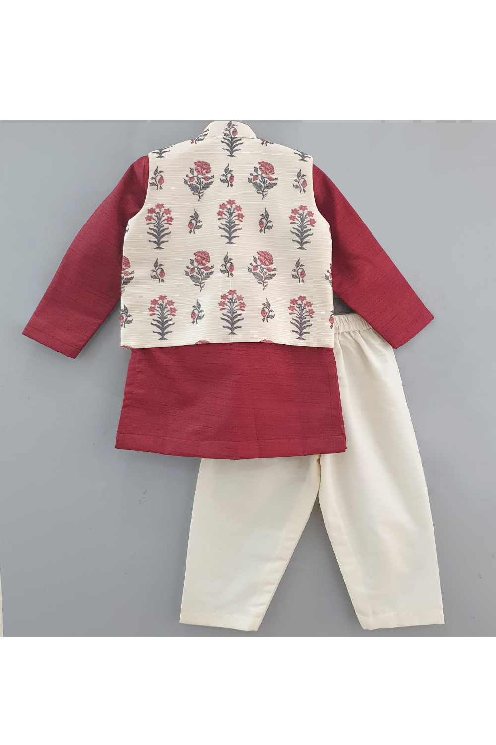 Mughal printed ivory jacket with maroon kurta and ivory pyjama